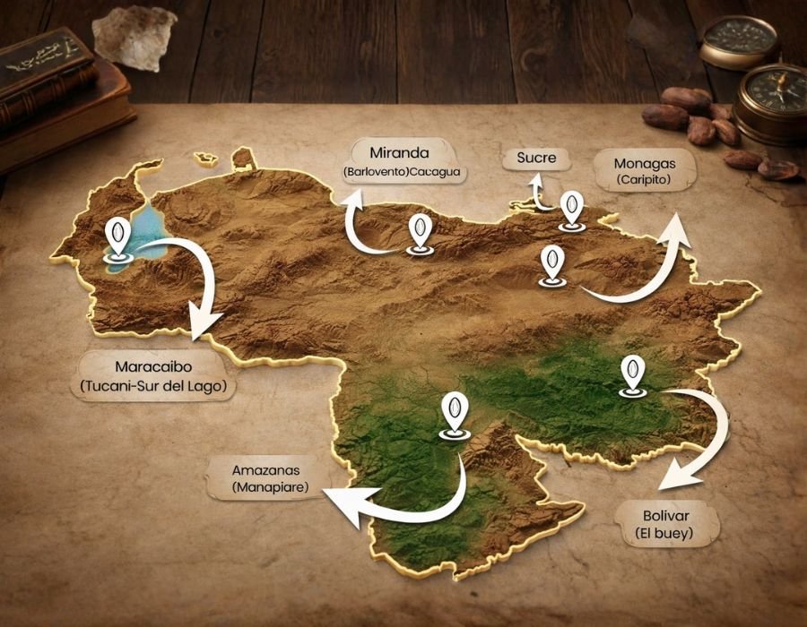 Mapa de regiones cacaoteras de Venezuela