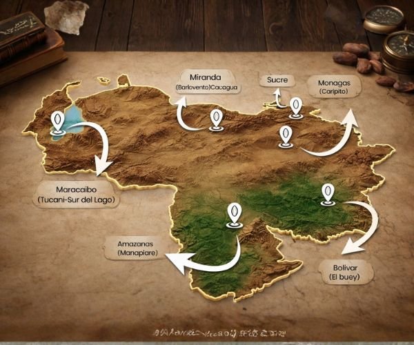 Mapa de regiones cacaoteras de Venezuela